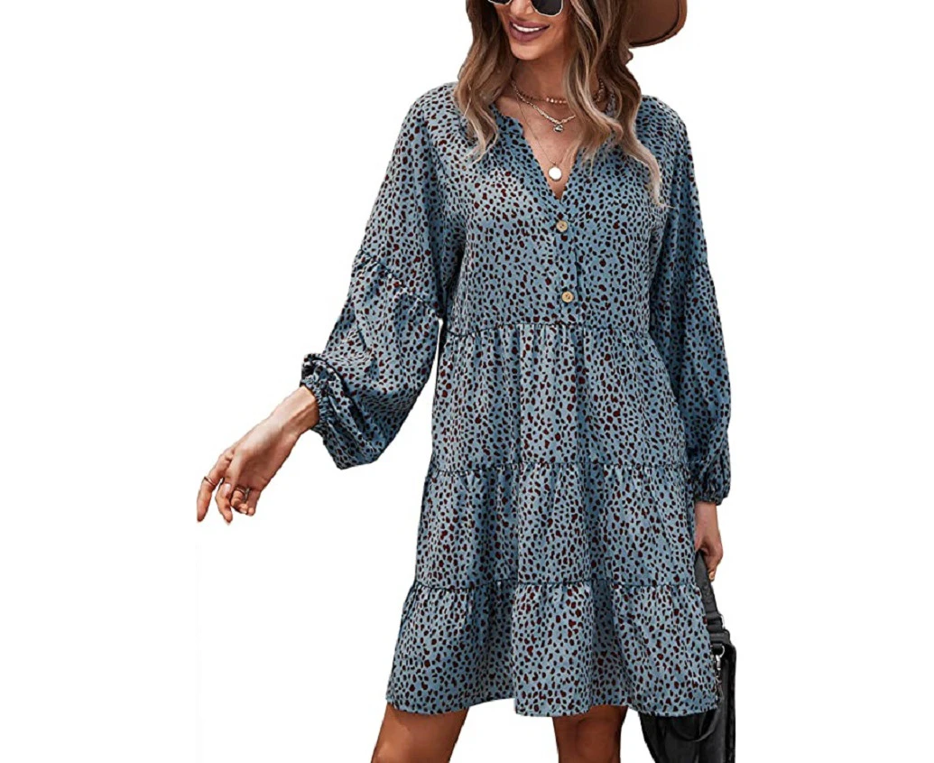 Tiered Dress with Long Cuffed Sleeves - Blue