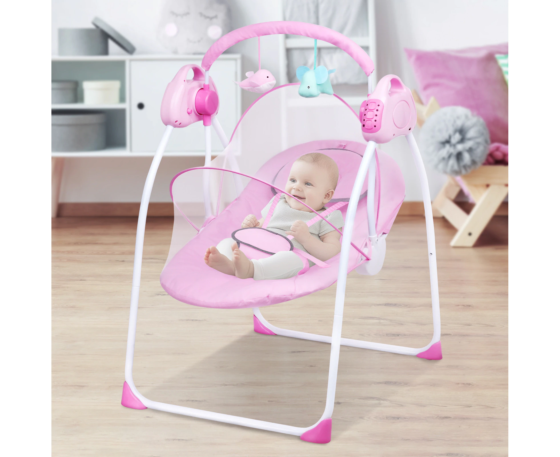 Advwin Baby Electric Rocking Chair Bluetooth Bouncer Seat 5 Speed Swing Chair with Mosquito Net Pink