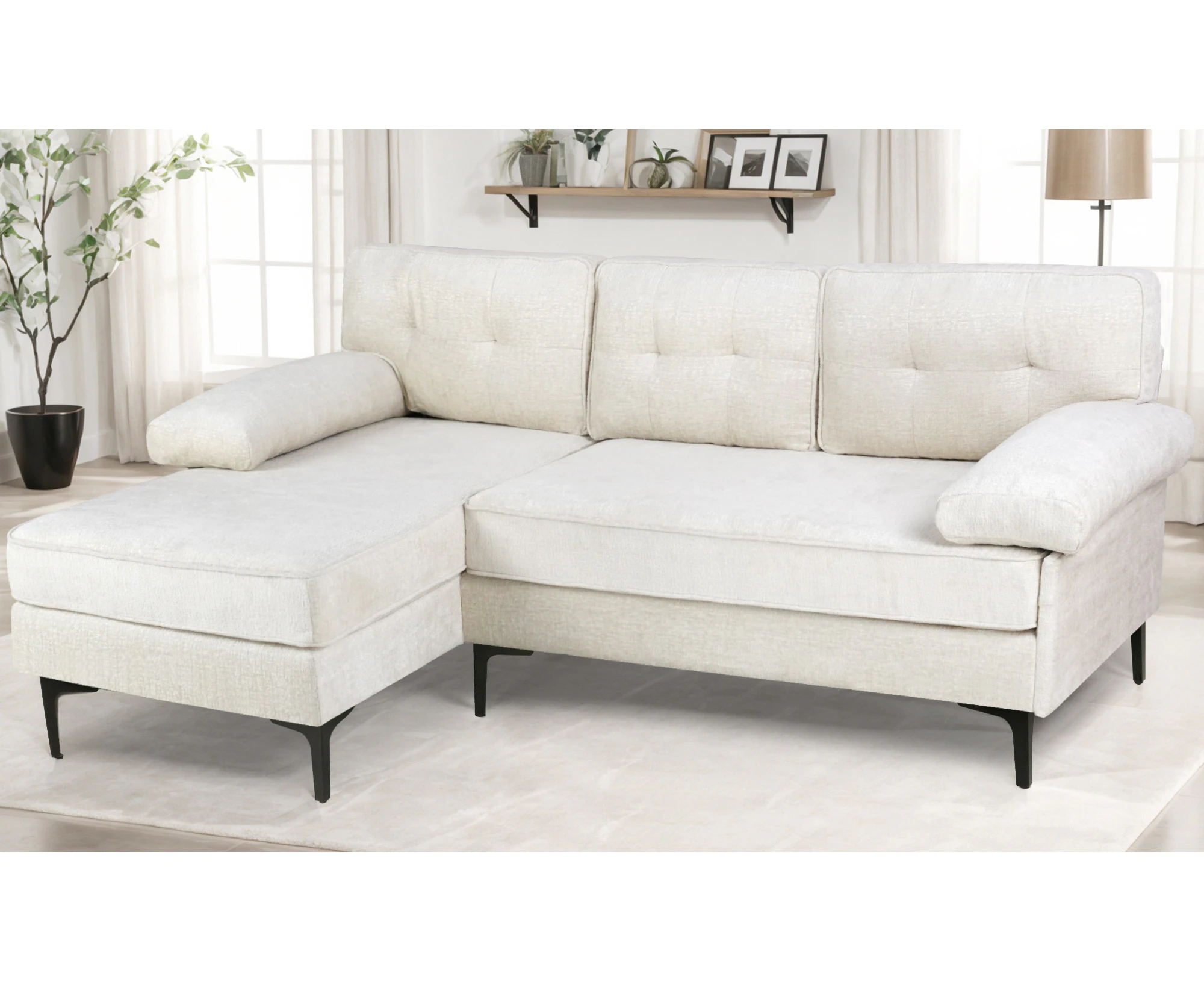 Advwin Sofa 3 Seater Sofa Beige Velvet L Shape Sofa Couch Modern Sofa with Reversible Chaise 208 * 132 * 86cm