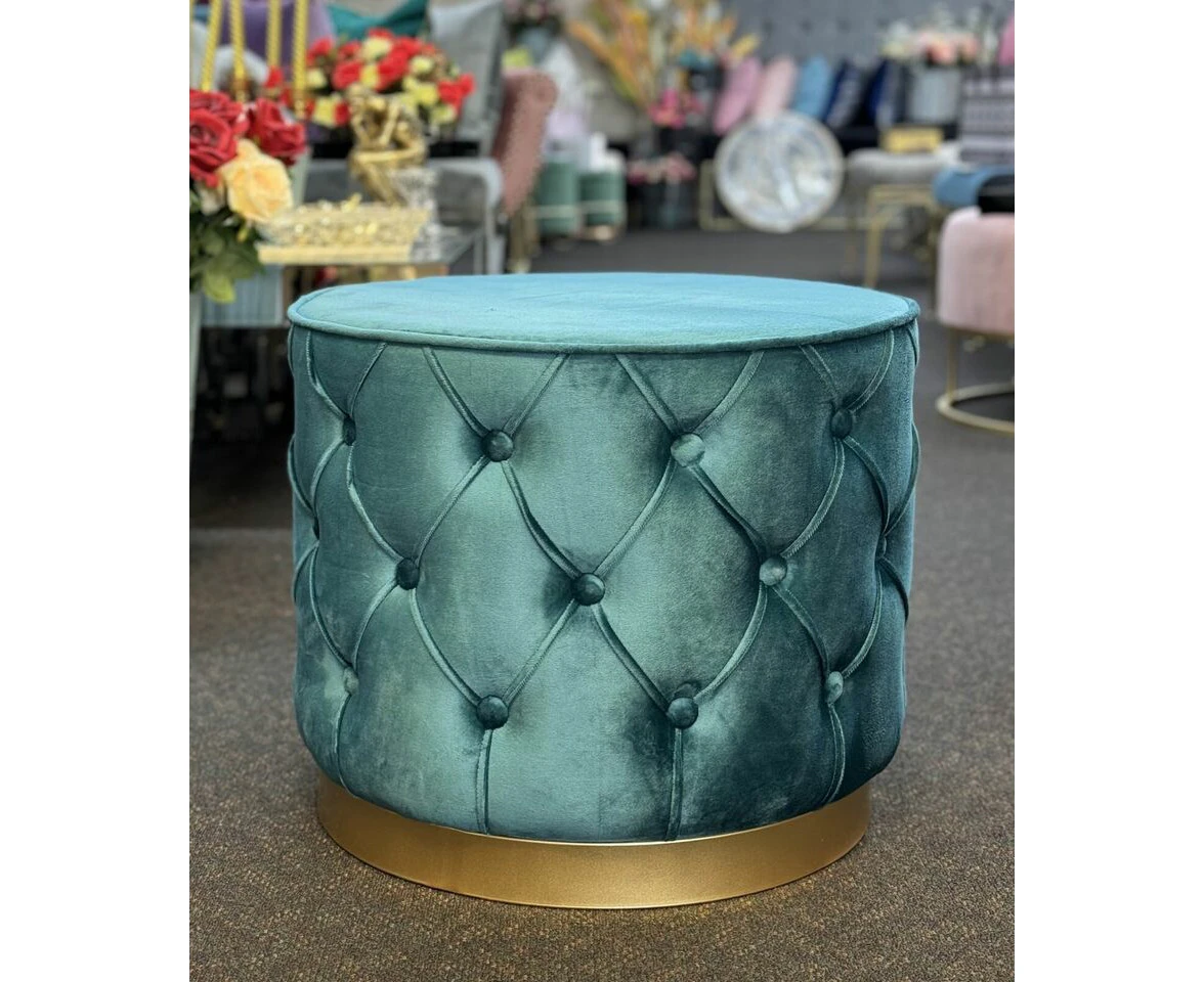 Handmade velvet ottoman with gold metal bases -peacock blue