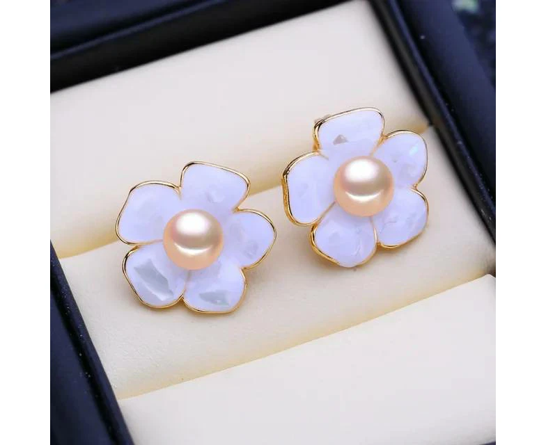 Designer Genuine Freshwater Flower Stud Earrings in Gold - Pink