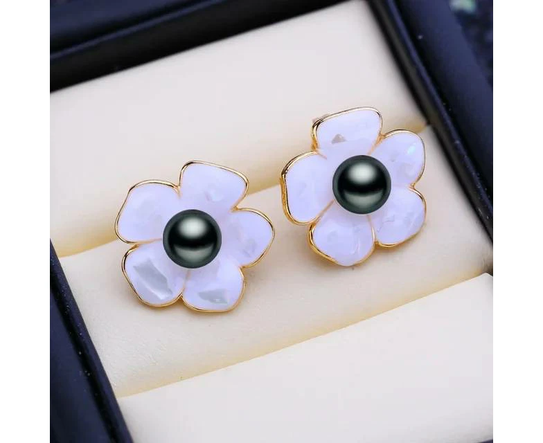 Designer Genuine Freshwater Flower Stud Earrings in Gold - Black