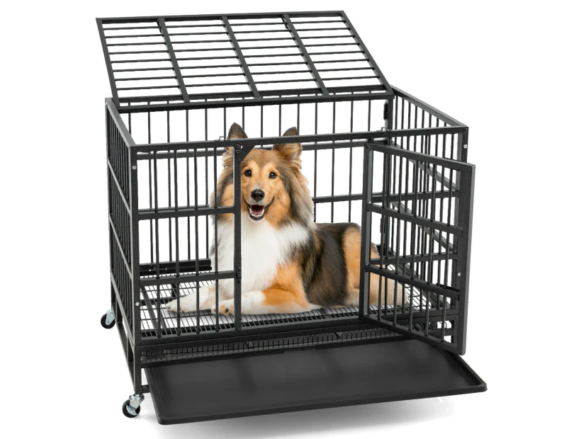 38" Mobile Metal Dog Cage Foldable Dog Kennel w/ 2 Lockable Doors Puppy Crate