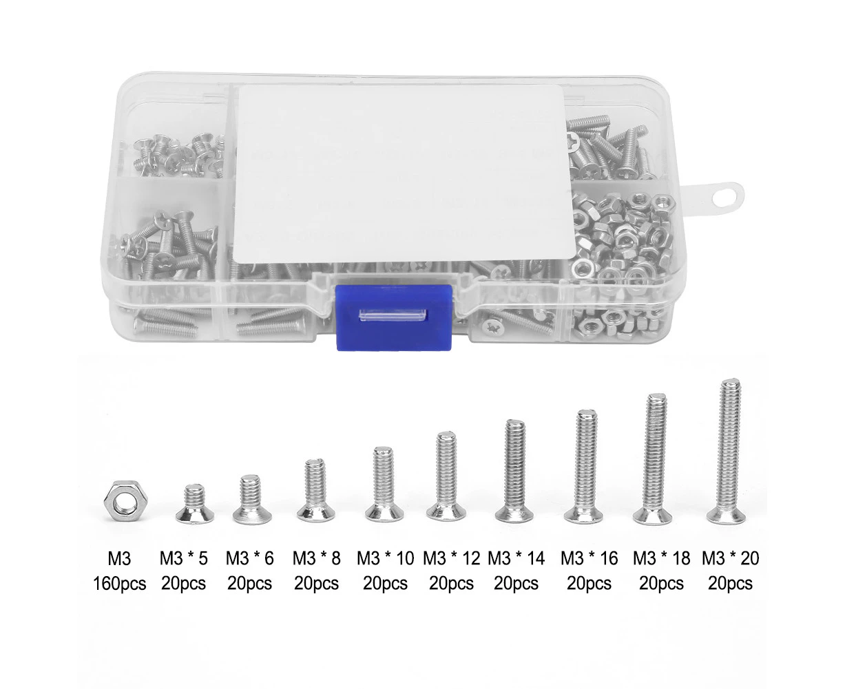 340pcs M3 Stainless Steel Cross Flat Head Screw Countersunk Screws Assortment Kit