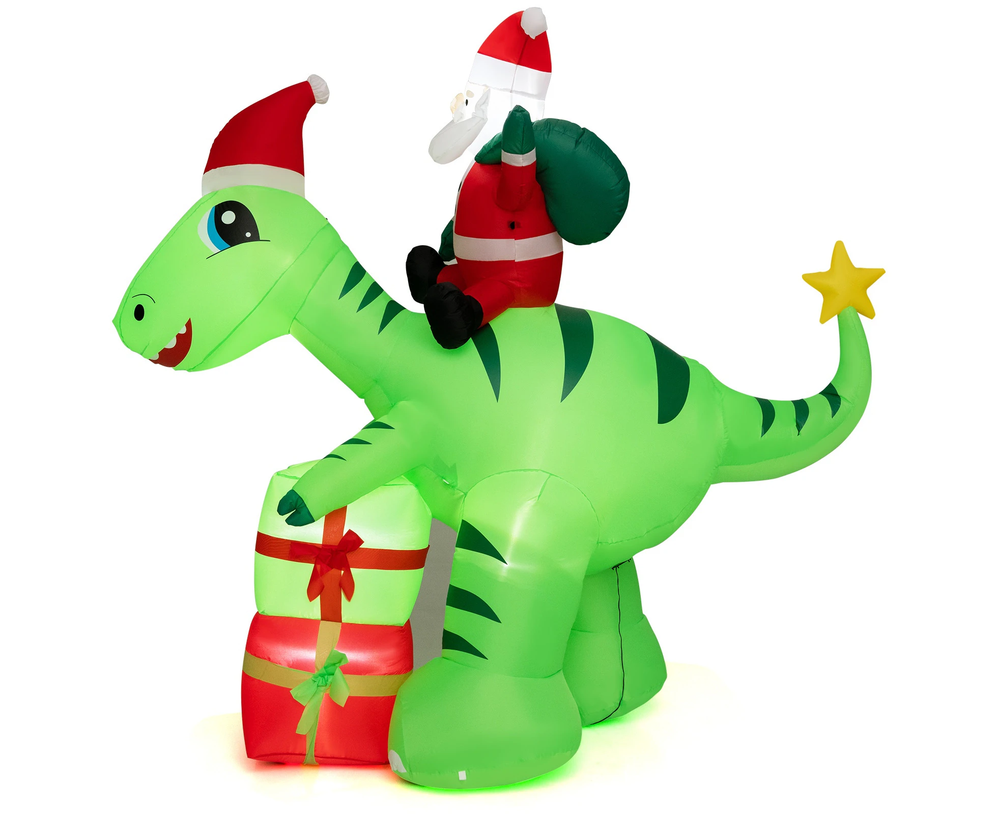 Costway 250 CM Christmas Inflatables Lighted Santa Claus Dinosaur Decoration w/Gift Boxes & Lights