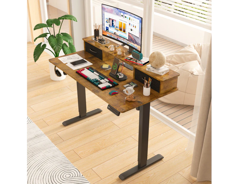 Advwin Standing Desk Electric Adjustable Height Sit Stand up Desk with Monitor Stand & Fabric Drawers Walnut