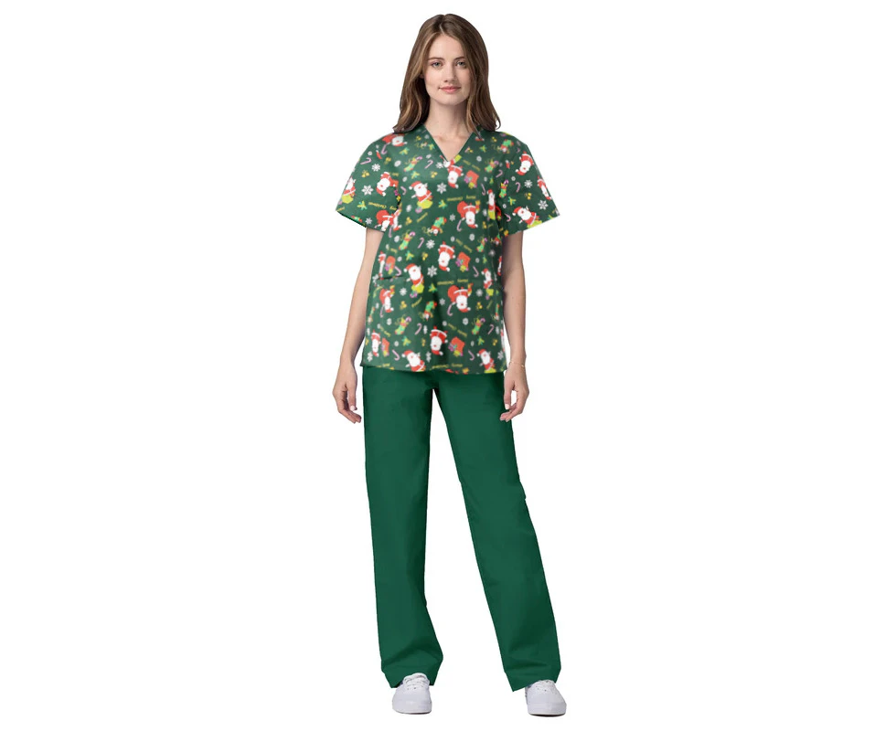 Unisex Christmas Printed Scrubs - Green - Green