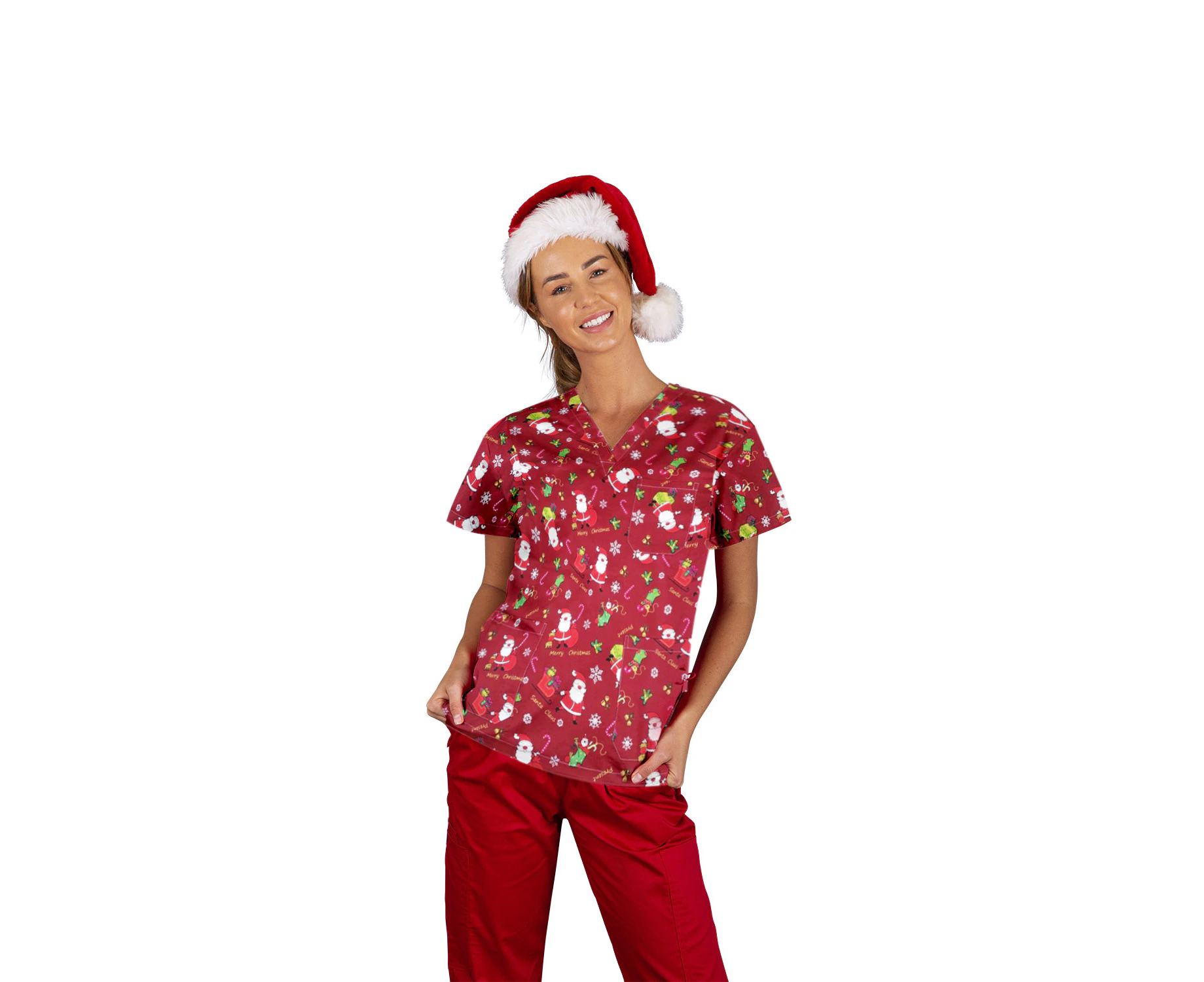 Unisex Christmas Printed Scrubs - Red - Red