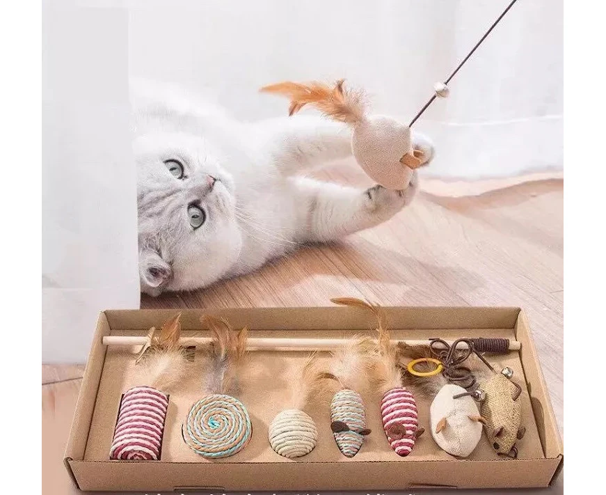 7Pcs Cat Toys Box Set Ball Pet Interactive Feather Teaser Mouse Wand Xmas Gift