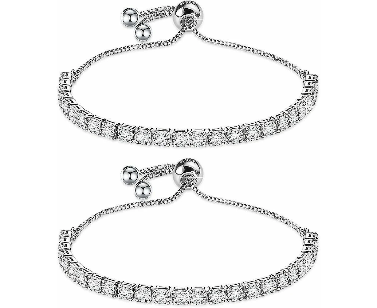 Woosien Sterling Silver Bracelet For Women, S925 Tennis Adjustable Bracelet 2pcs Sparkle