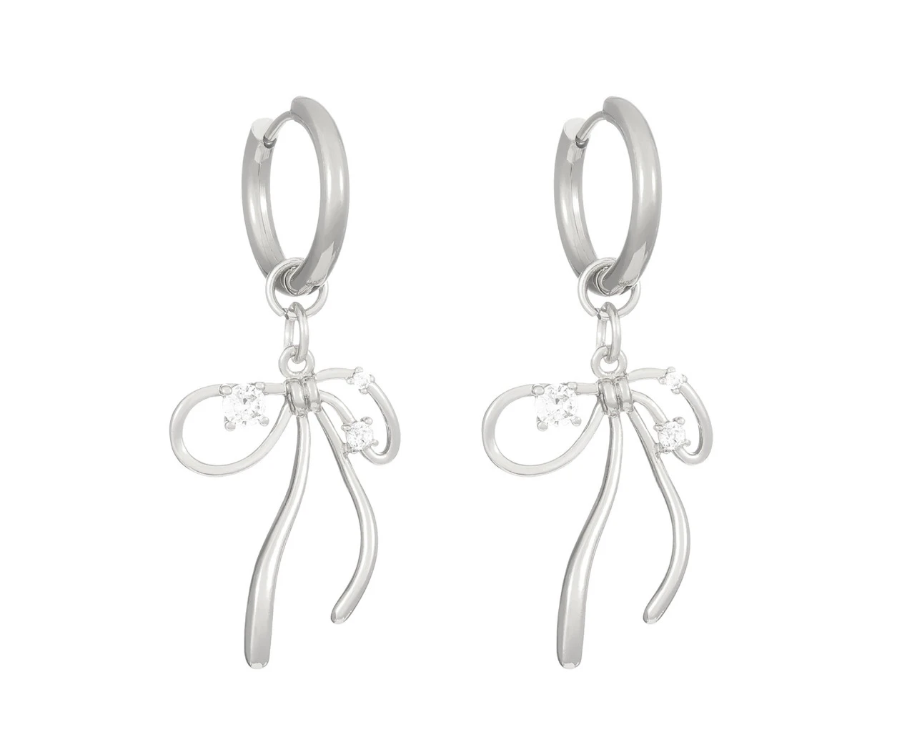 Stylish Bow Earrings Alloy Bows Hoop Drop Dangle Earring Rhinestones for Women - Silver