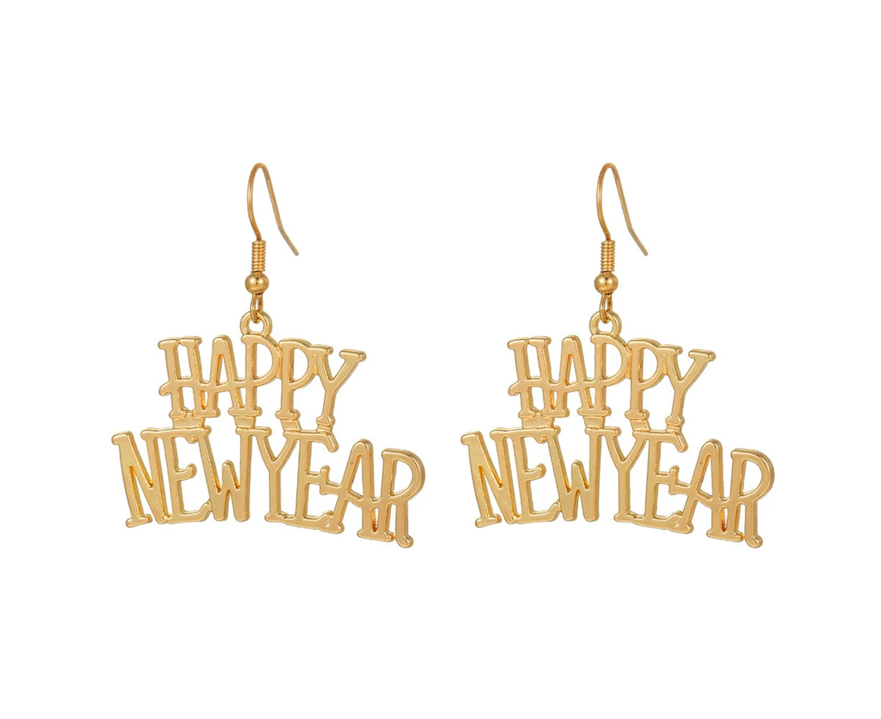 Hollow Happy New Year Pendant Necklace Earrings Sweet Cool Collar Necklace - Gold - Earrings