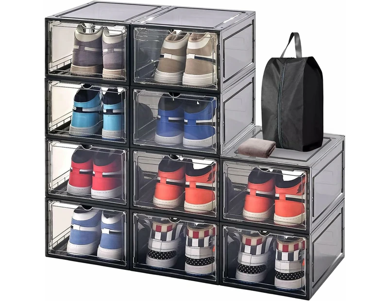 10 Pack Shoe Storage Boxes - Stackable Hard Plastic Cases with Magnetic Acrylic Door for Organiser, Display, Sneakers Containers, Shoes