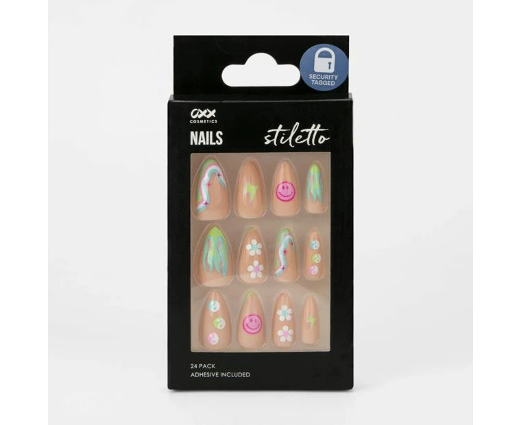 24 Pack False Nails with Adhesive, Stiletto Shape, Neon Motif - OXX Cosmetics