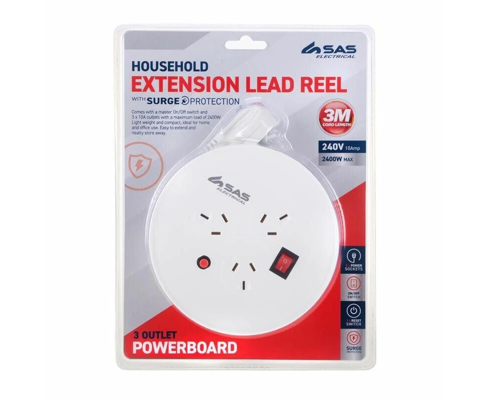 Extension Lead Reel with 3 Outputs & Surge Protection 150mm Diameter White 3m