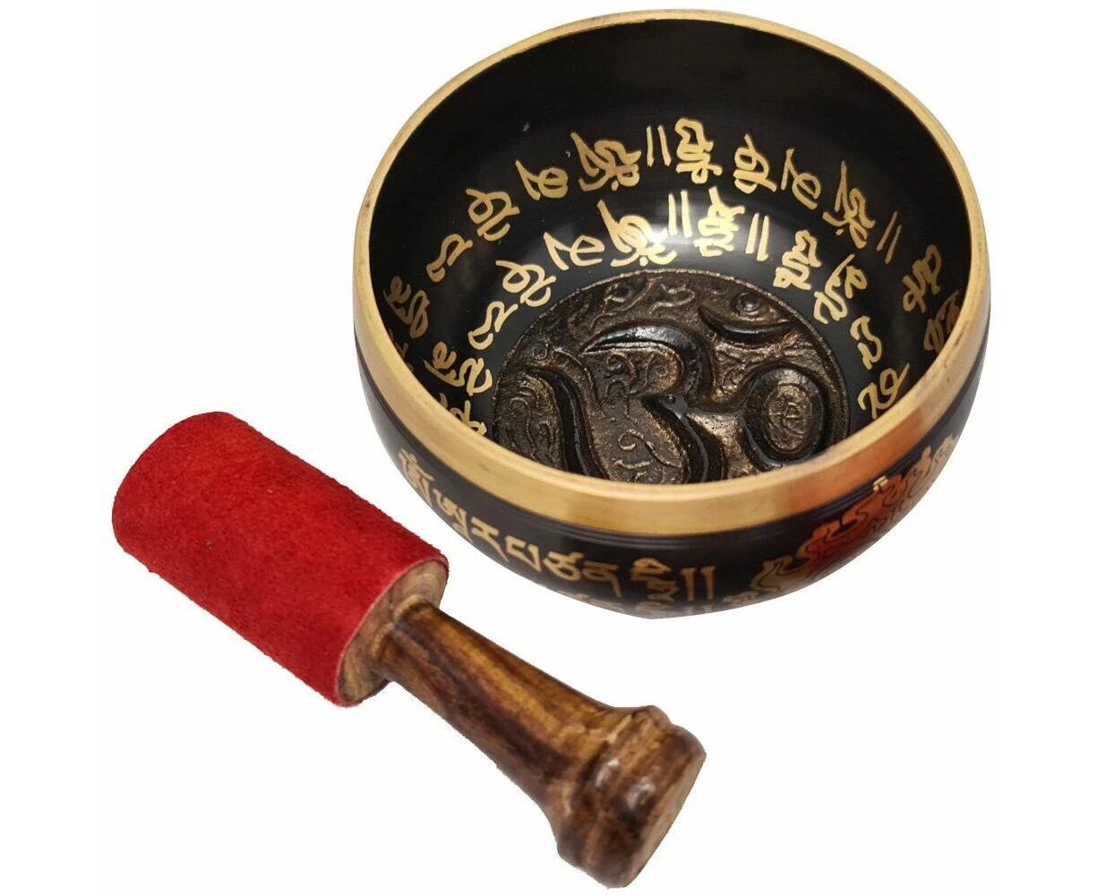 OM Mantra Singing Bowl Merry Tibetan Meditation Yoga Prayer Instrument Black 9cm