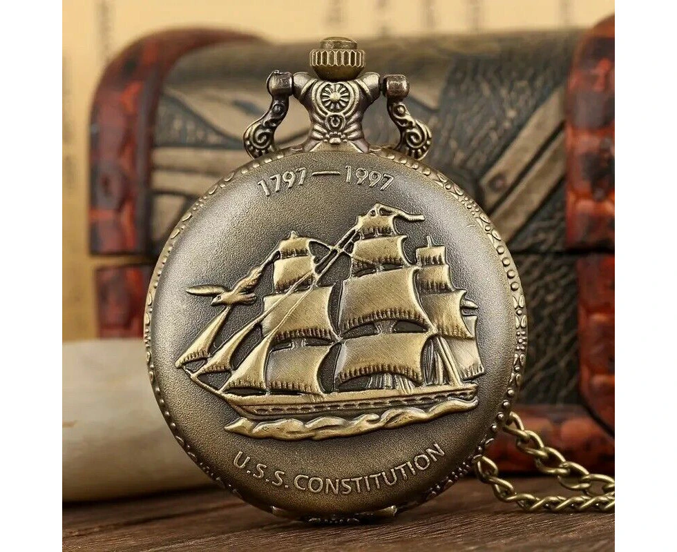 Vintage Bronze Sailboat Quartz Pocket Watch Necklace Pendant Men's Pocket Watch