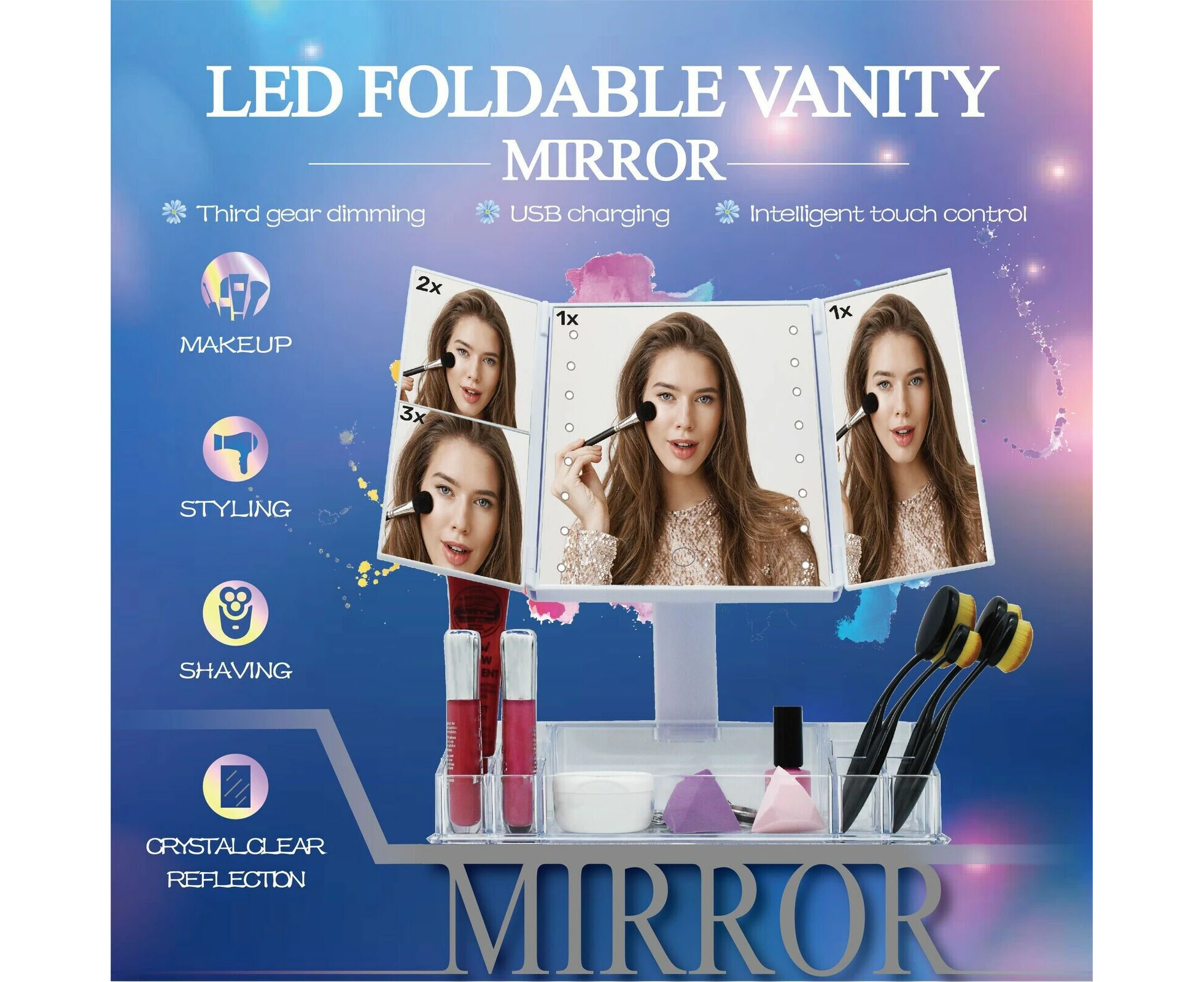 LED Foldable Vanity Mirror Multiple Magnifications White Design Rotatable