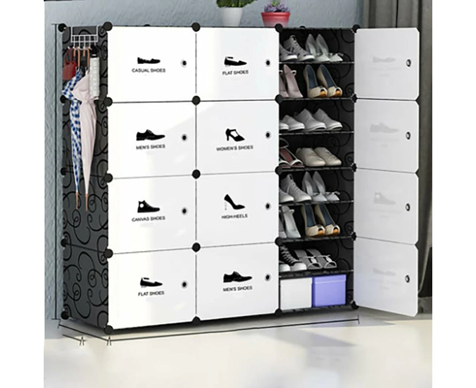 White Door Easy Sort Portable Shoe Storage Plastic Cube Storage Tower Shelves for Storage Shoe Cabinet Shoe Rack (Black 3 Column 8 Row)