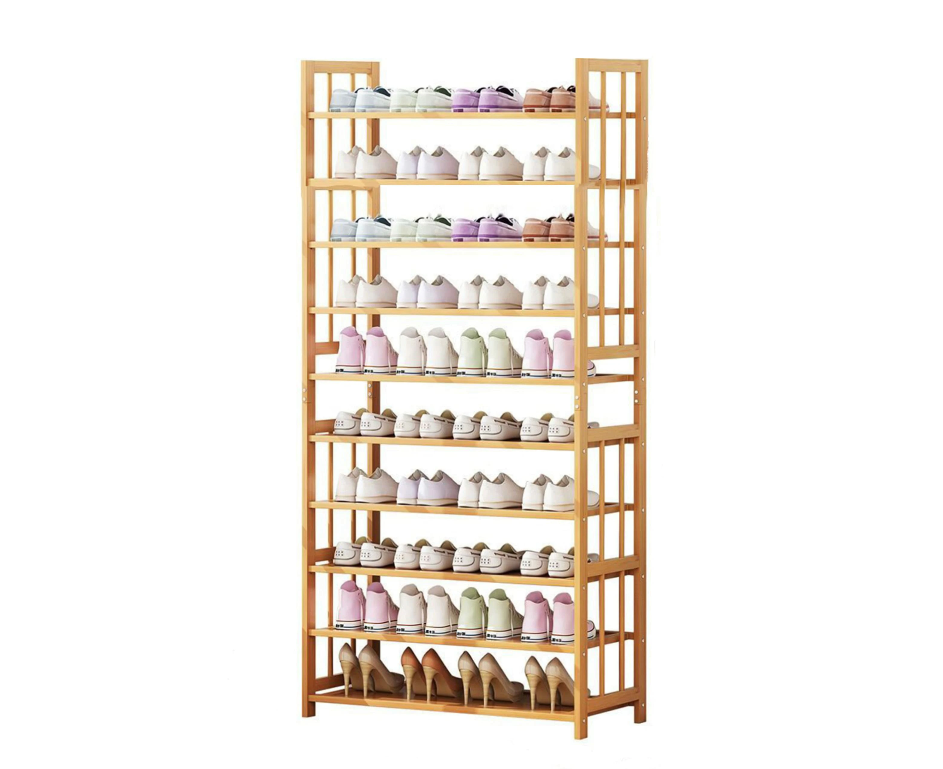 10-Tier Bamboo Shoe Rack, Spacious Storage for up to 50 Pairs of Shoes, Adjustable Shelves, Natural Bamboo, with PVC Mats, Easy Assemble