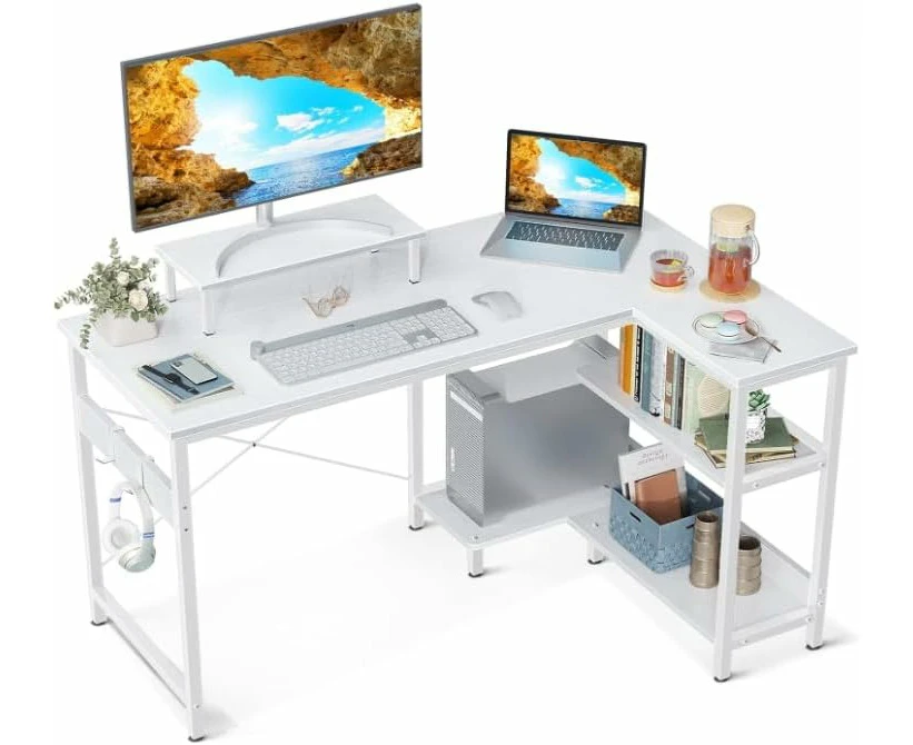 Shaped Computer Desk with Reversible Storage Shelves, L-Shaped Corner Desk with Monitor Stand for Small Space, Modern Simple Writing Table f