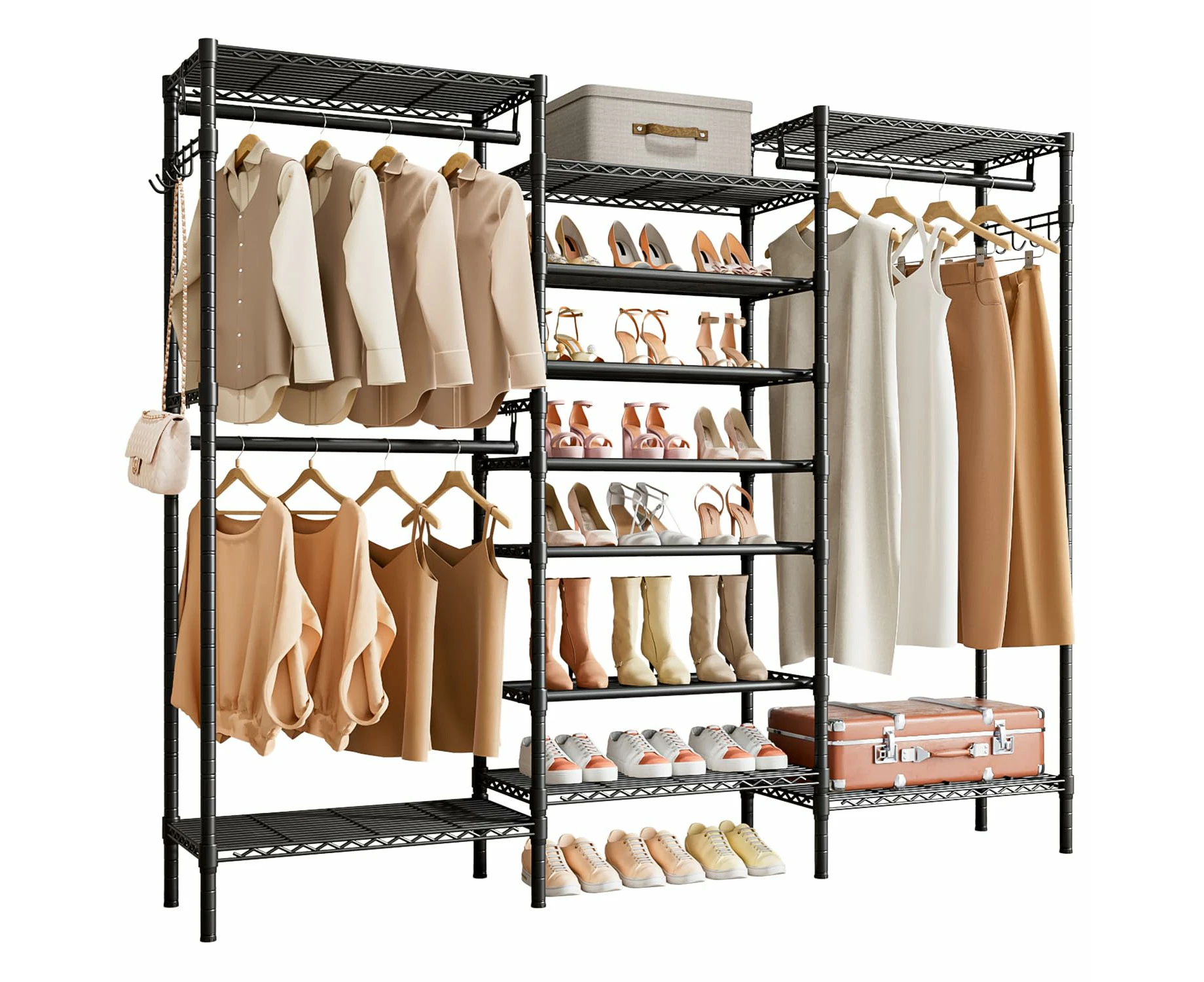 Garment Rack Heavy Duty Clothes Rack for Hanging Clothes,Metal Freestanding Closet Wardrobe Rack,Large Size Armoire Storage Rack