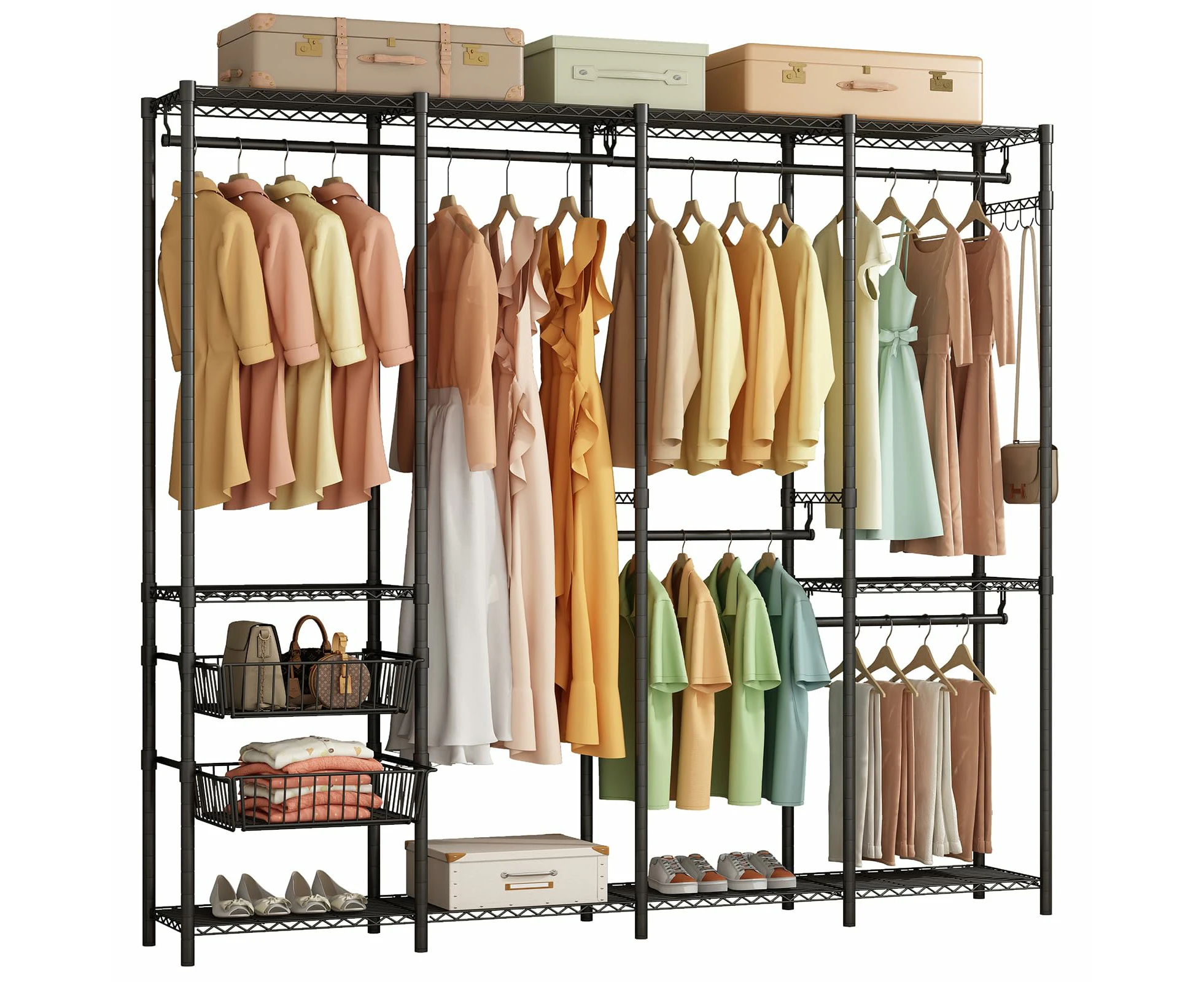 Clothes Rack Heavy Duty Clothes Rails,Freestanding Portable Wardrobe Closet Rail with 2 Slid Baskets for Hanging Clothes Wire Clothing Rack