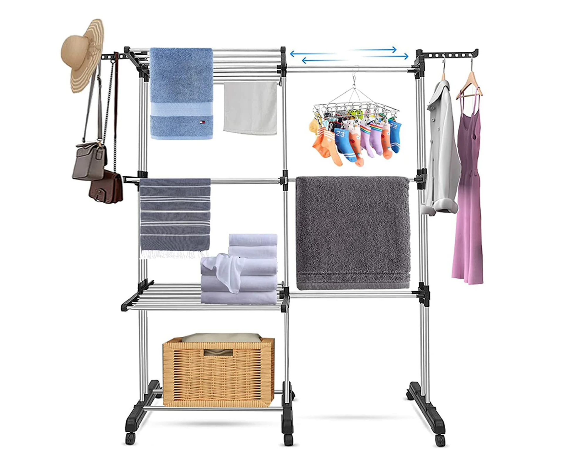 Clothes Drying Rack Foldable,4-Tier Stainless Steel Laundry Drying Rack Movable,with Expand Height-Adjustable Wings and 6 castors,Indoor Out