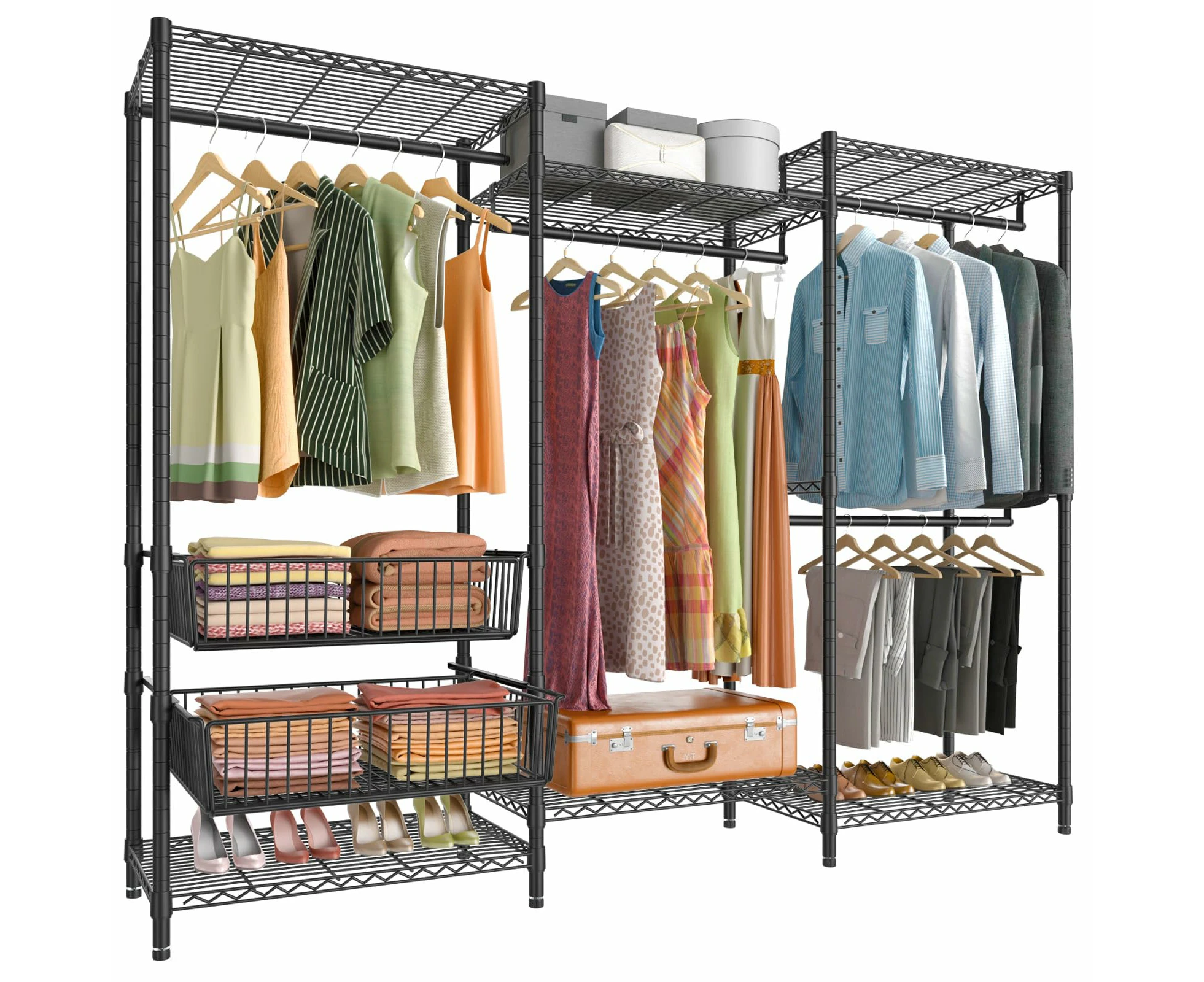 Wire Garment Rack 5 Tiers Heavy Duty Clothes Rack with Hanging Rods, Wire Shelves & 2 Slid Storage Baskets, Large Size Clothing Rack