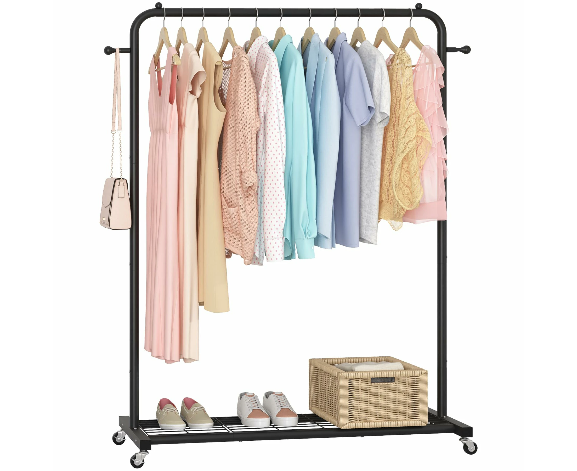 Clothes Rack on wheels, Clothing Rack with Bottom Mesh Storage Shelf,Sturdy Metal Frame,Rolling Garment Rack for Hanging Clothes,Coats,Skirt