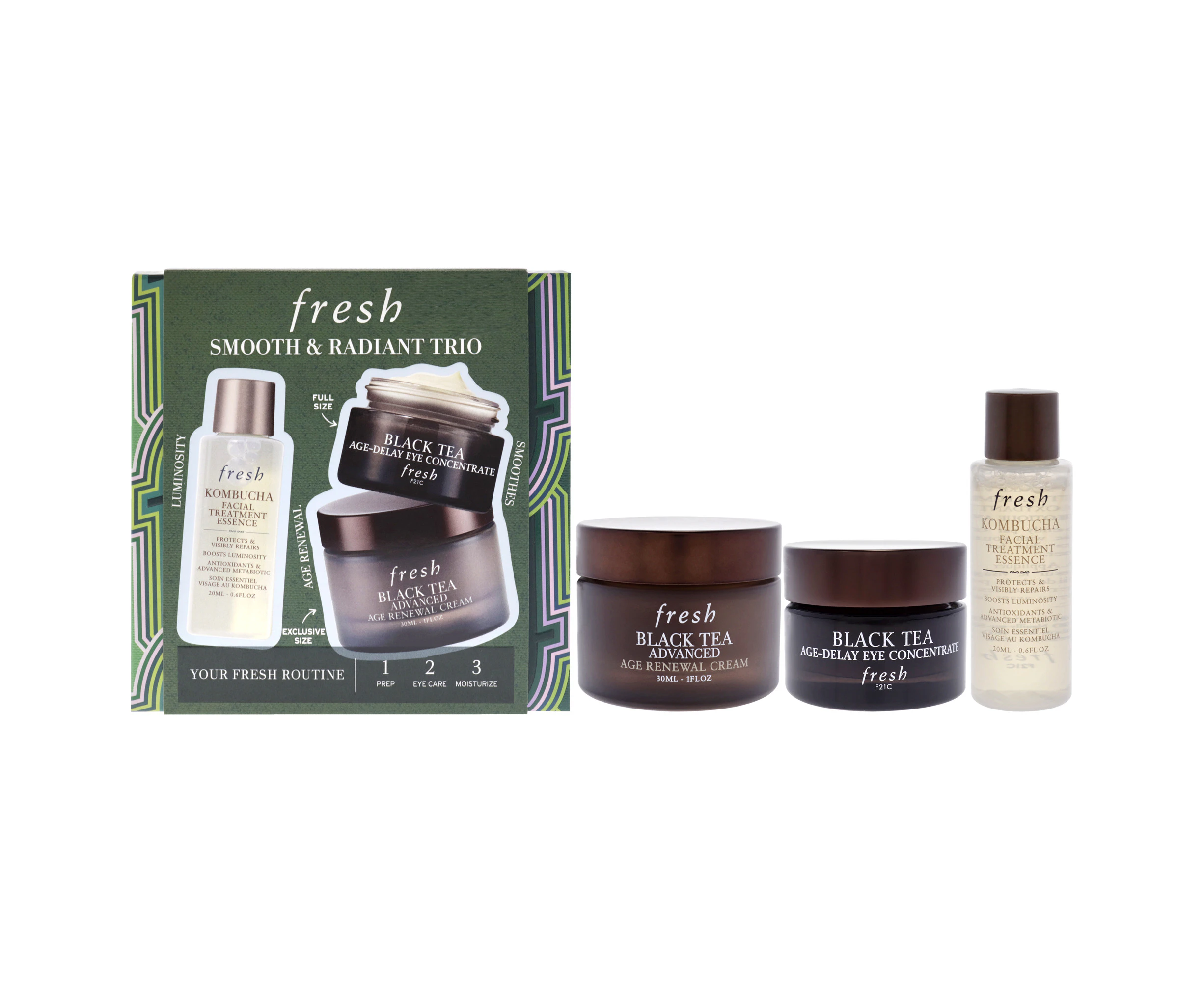 Smooth And Radiant Trio by Fresh for Women - 3 Pc 0.6oz Facial Treatment Essence - Kombucha, 0.5oz Age Delay Eye Concentrate - Black Tea