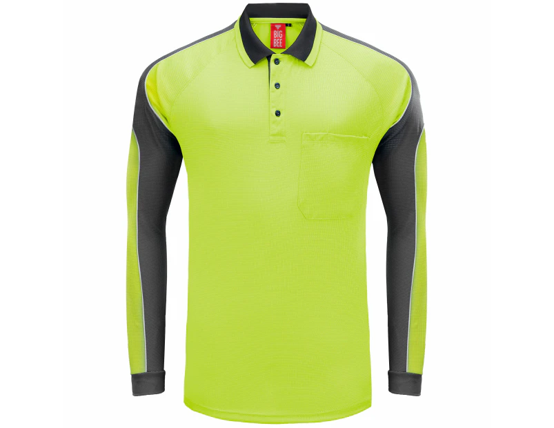 Big BEE Panel Polo Shirt Mens Workwear Short Sleeve Pocket Sport Cool Black Blue Pink Hi Vis - YELLOW GREY