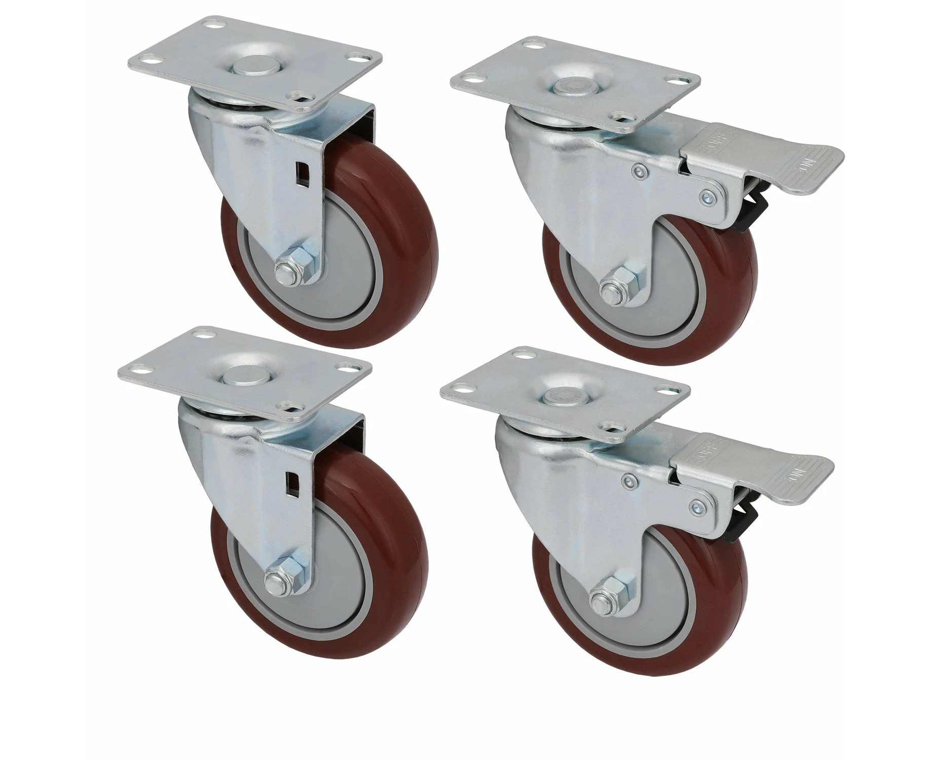 Heavy Duty 4" PU Swivel Swivel Casters Trolly Bench Wheels Castors W/Brake - 4 Pcs (2 W/Brake, 2 W/O Brake)