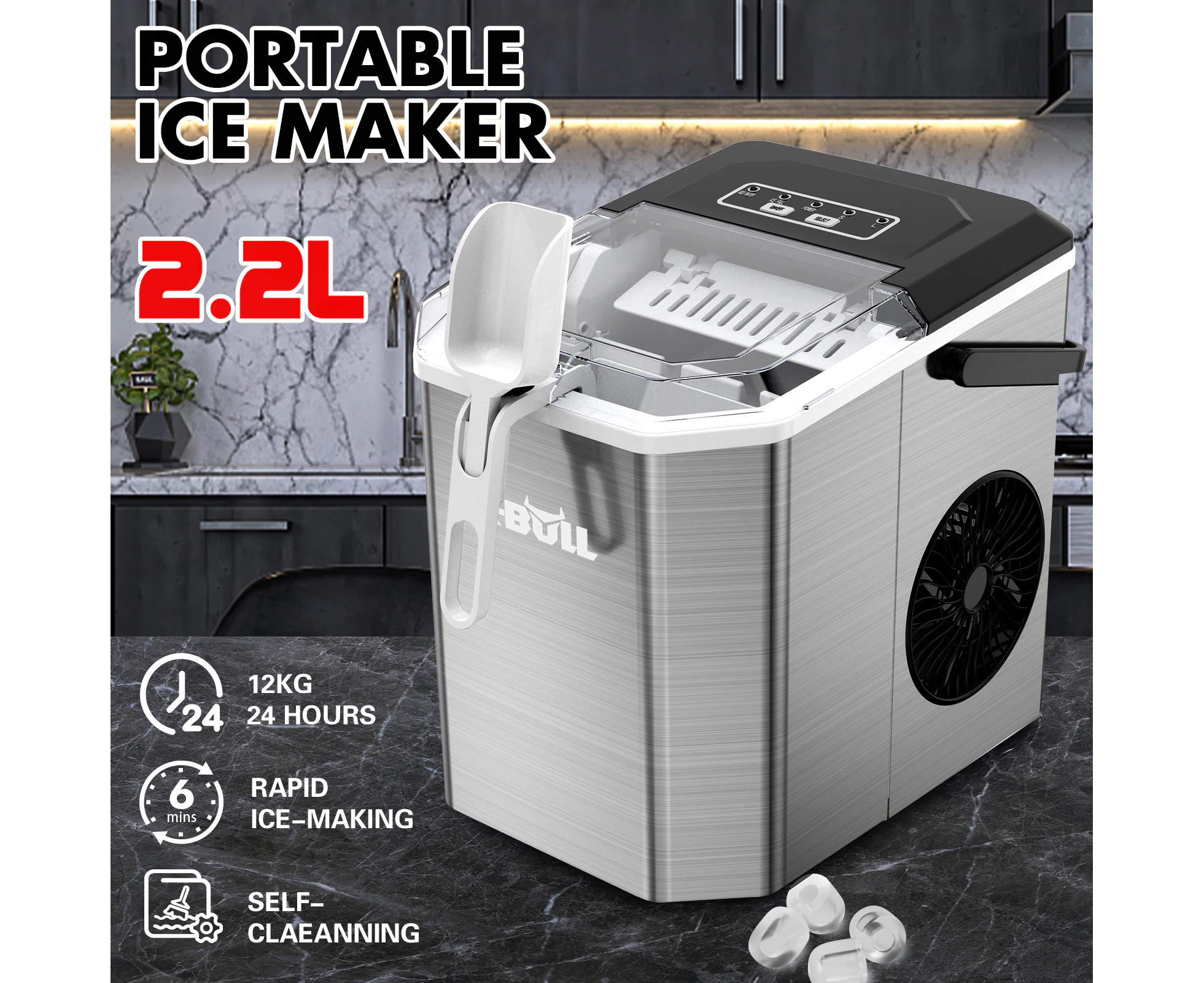 X-BULL 2.2L Portable Ice Maker Commercial Ice Cube Machine Stainless Steel Home