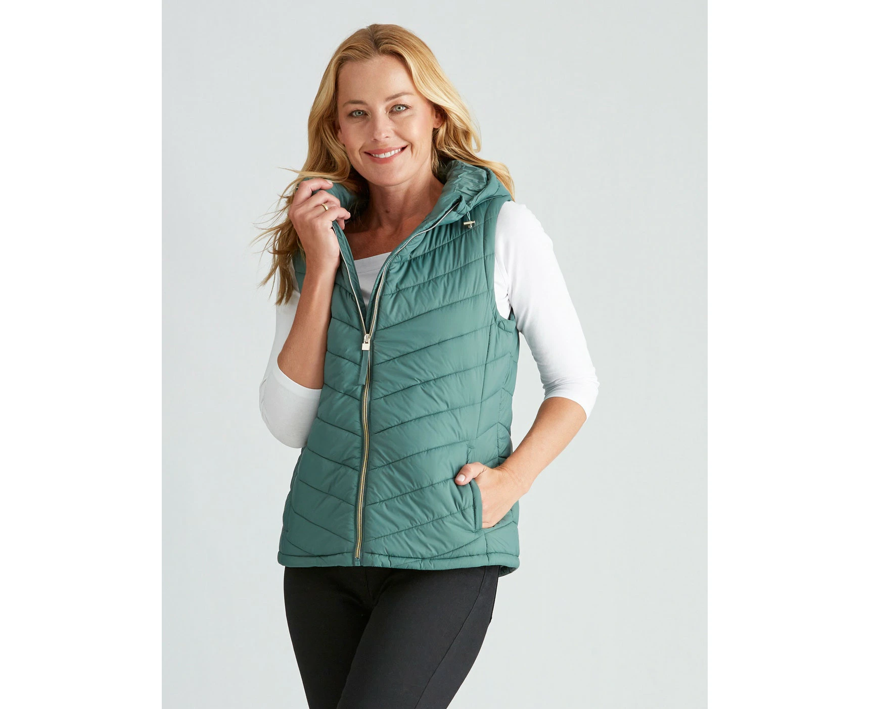 rivers - Womens - Vest - Winter - Gilet / Jacket - Green - Sleeveless - Relaxed Fit - Hoodie - Length Regular - Sage - Office Wear - Work Clothes