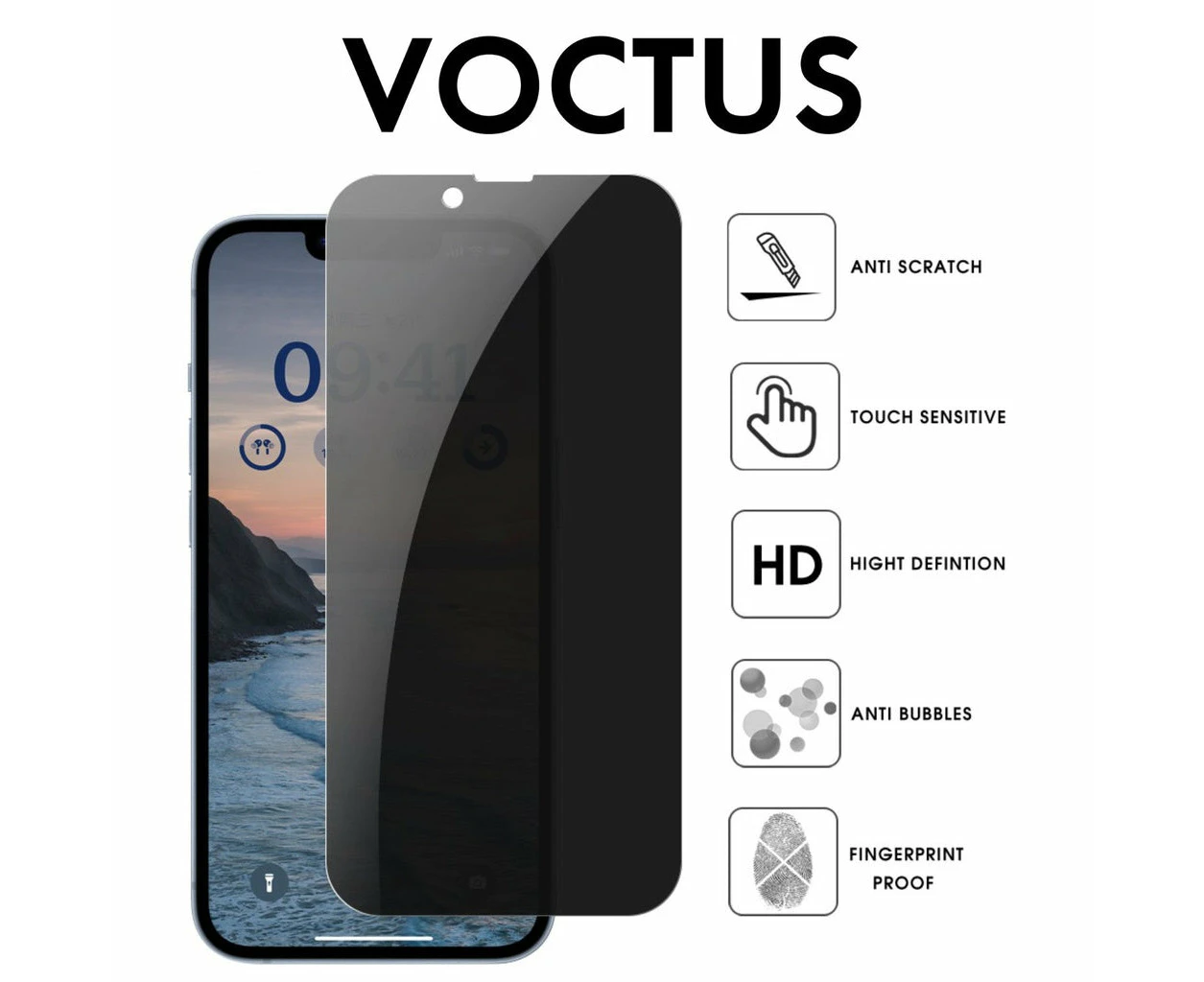 VOCTUS iPhone 14 Privacy Tempered Glass Screen Protector 2Pcs (Box)