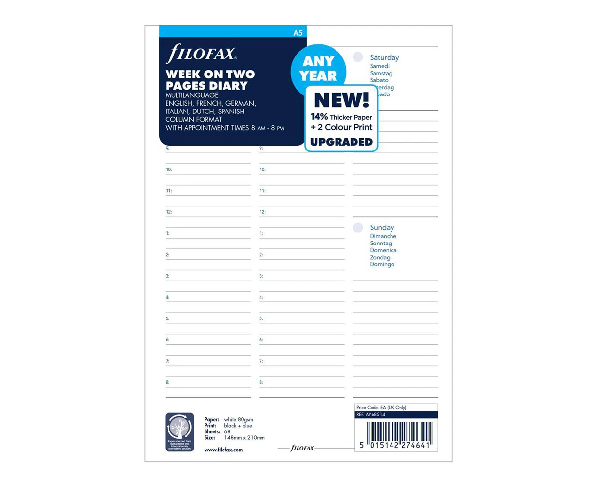 Filofax A5 Week on Two Pages Diary Refill Memo/Reminder/Appointment Organiser