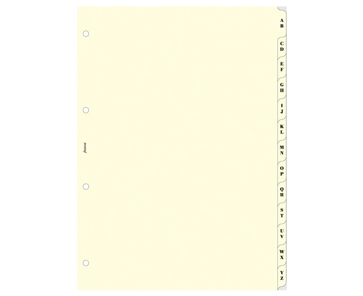 Filofax A4 Index A-Z Filler 2 Letters/Tab Memo/File Divider Organiser Cream