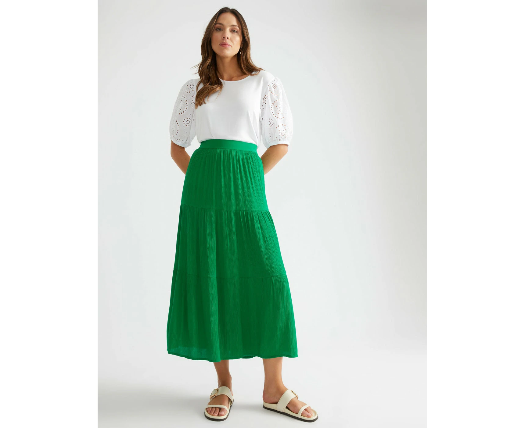 Katies - Womens - Skirts - Winter - Green - A Line - Midi - Relaxed Fit - Emerald - Tiered - Smart Casual - Fashion Apparel - Office Wear Work Clothes