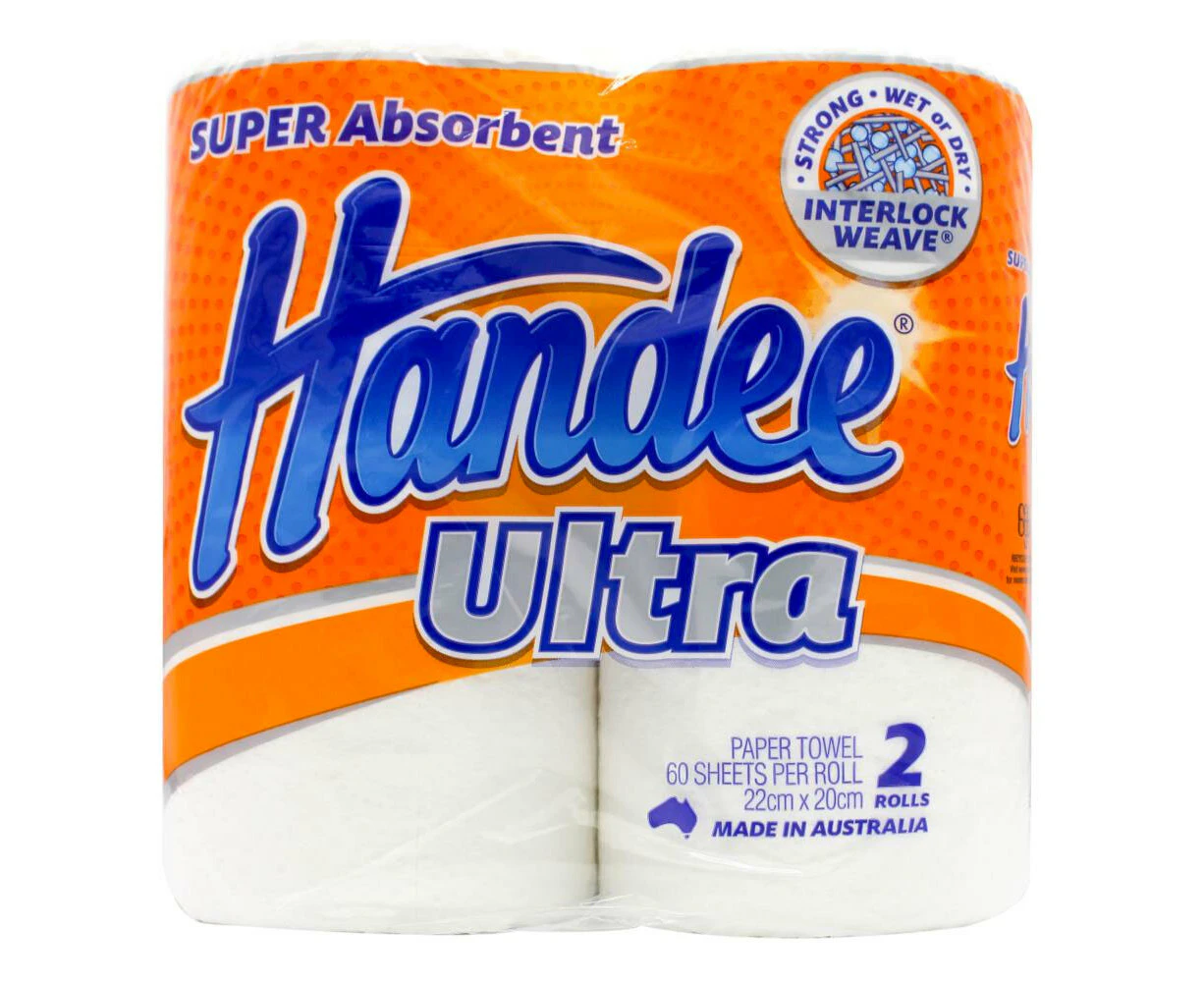 2pc Handee Ultra Super Absorbent 60 Sheets Paper Towel - White 22.5x20.5cm