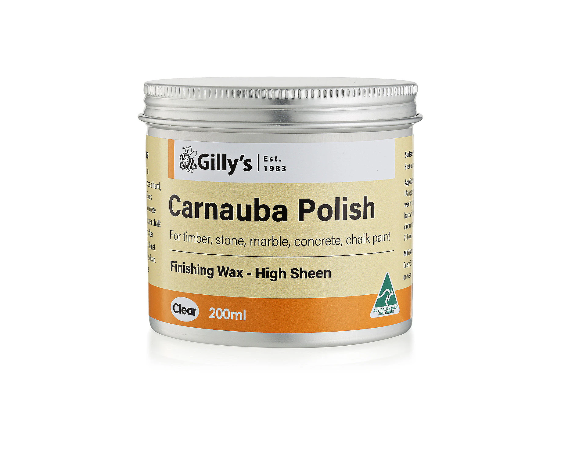 Gilly's 200ml Clear Carnauba Polish Finishing Wax High Sheen For Timber/Marble