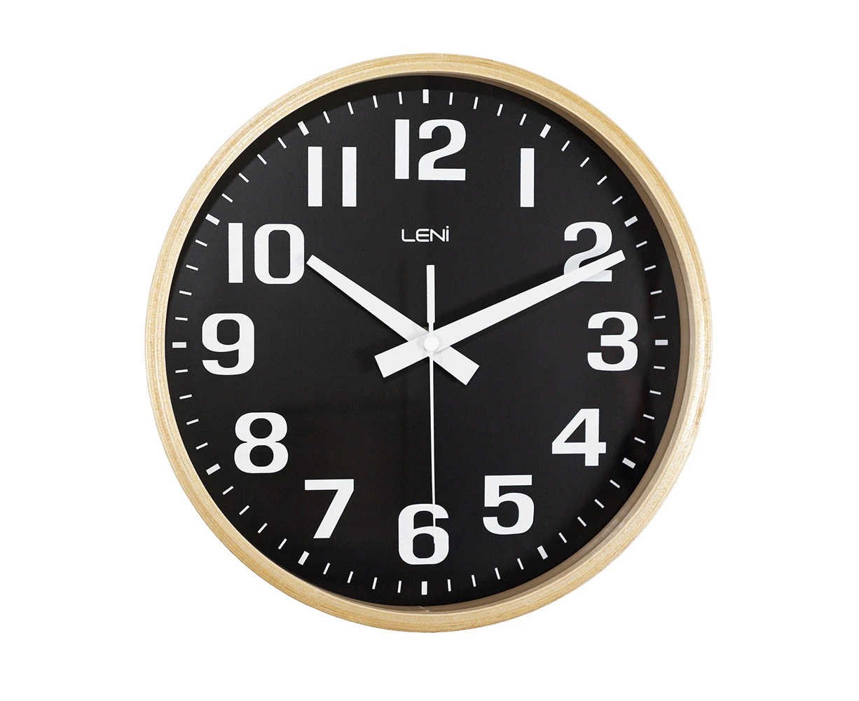 Leni 26cm Analogue Silent Modern Wood Wall Large Contrast Marking Face Clock BLK