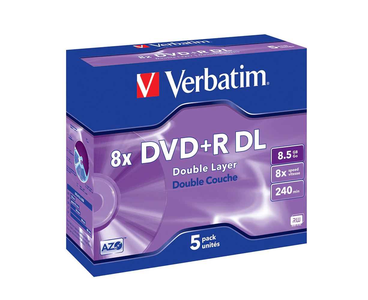 5PK Verbatim DVD+R DL 8.5GB 8x Speed Blank Discs Media/Data Storage w/Jewel Case