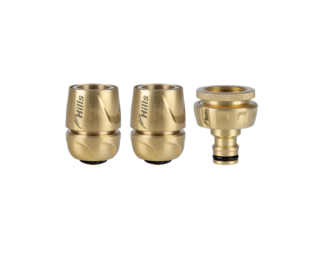 3pc Hills 12mm Brass Garden Watering Hose Fitting/Tap Adaptor Set Green/Grey