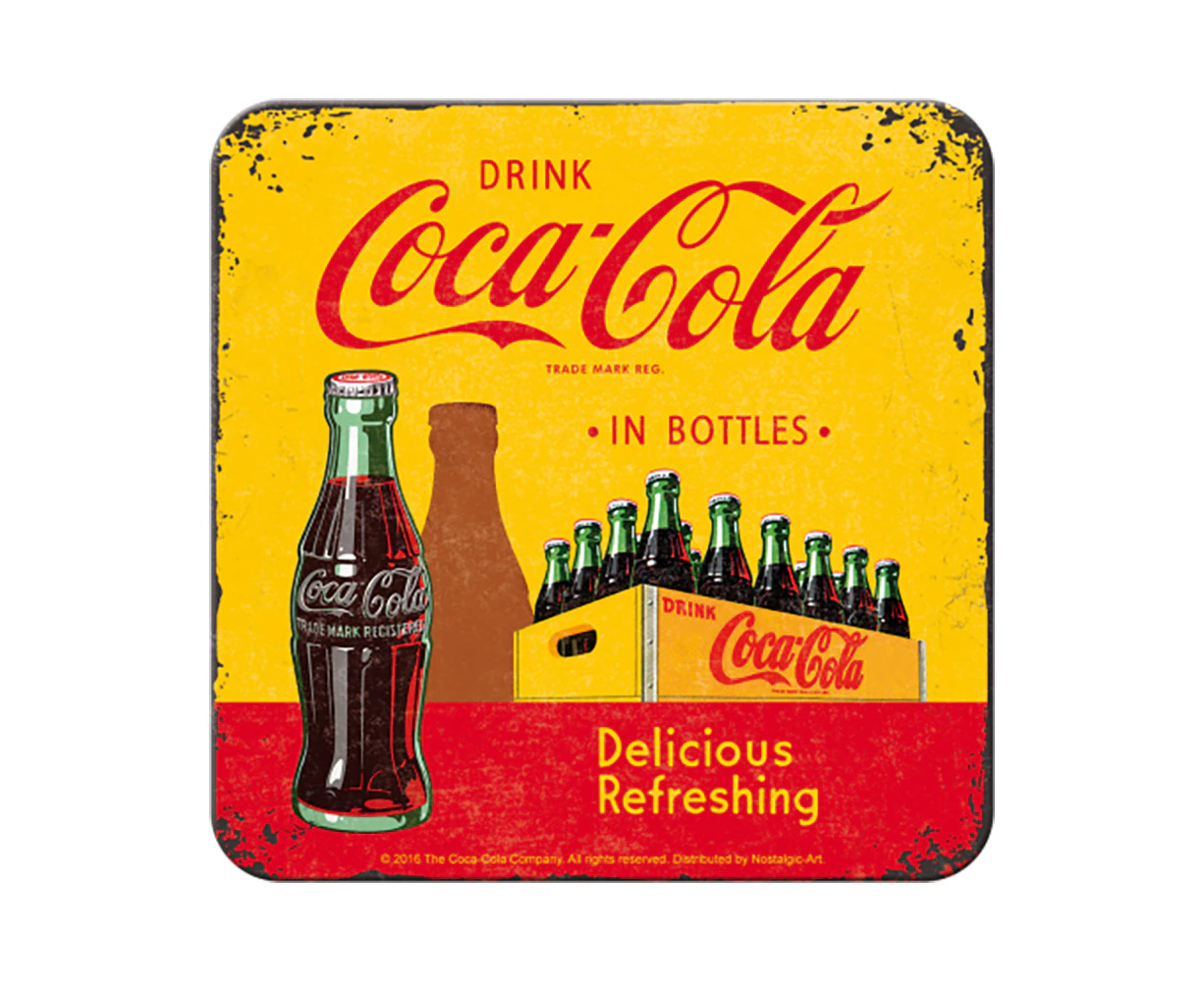 Nostalgic Art Metal Square Drinks Coaster Coca Cola In Bottles Yellow 9x9cm