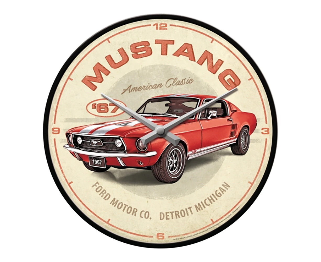 Nostalgic Art 30cm Metal Frame Wall Clock Ford Mustang GT 1967 Home Decor Red