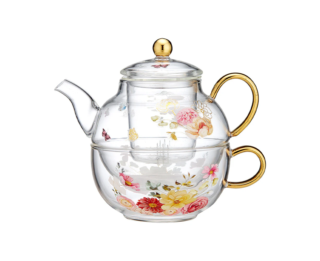 Ashdene Springtime Soiree Glass Tea f/One Brewing Infuser Teapot Cup Saucer Set