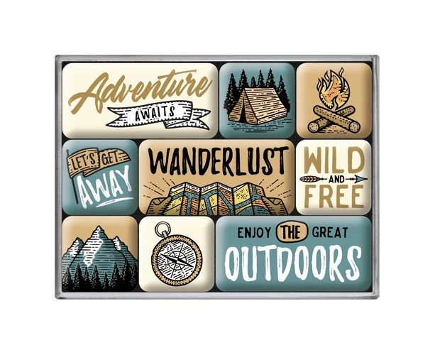 9pc Nostalgic Art Outdoor Adventure Awaits 2.2cm/4.5cm Magnet Set Fridge Decor