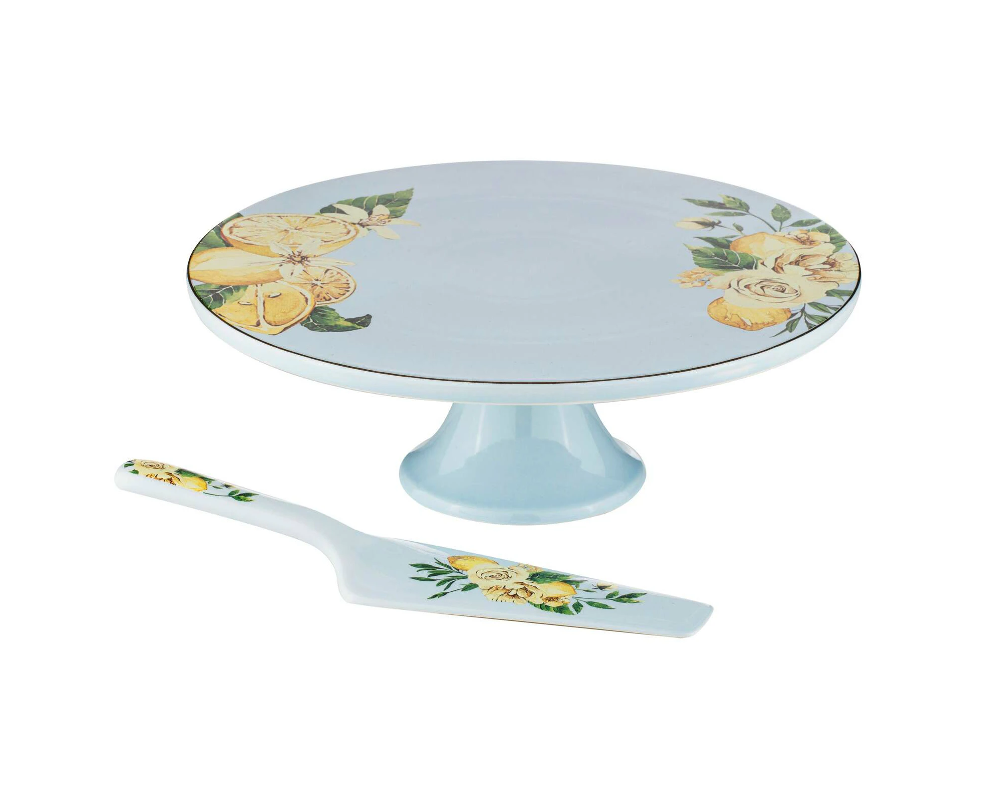 Ashdene Citrus Blooms New Bone China Footed Cake Stand & Server Set Blue/Lemon