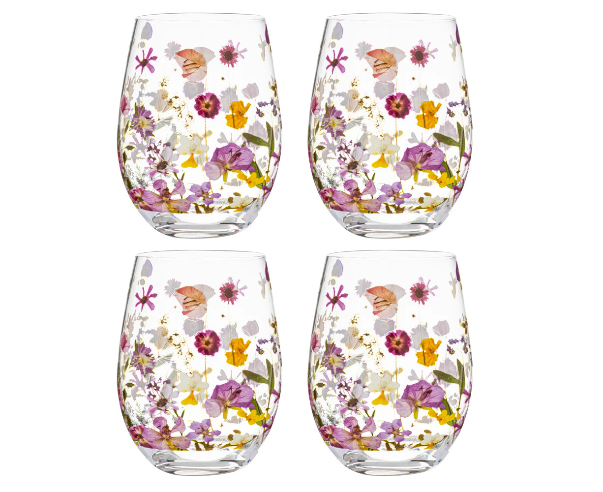 4pc Ashdene Pressed Flowers 470ml Crystal Glass Tumbler Drinking Glasses Set